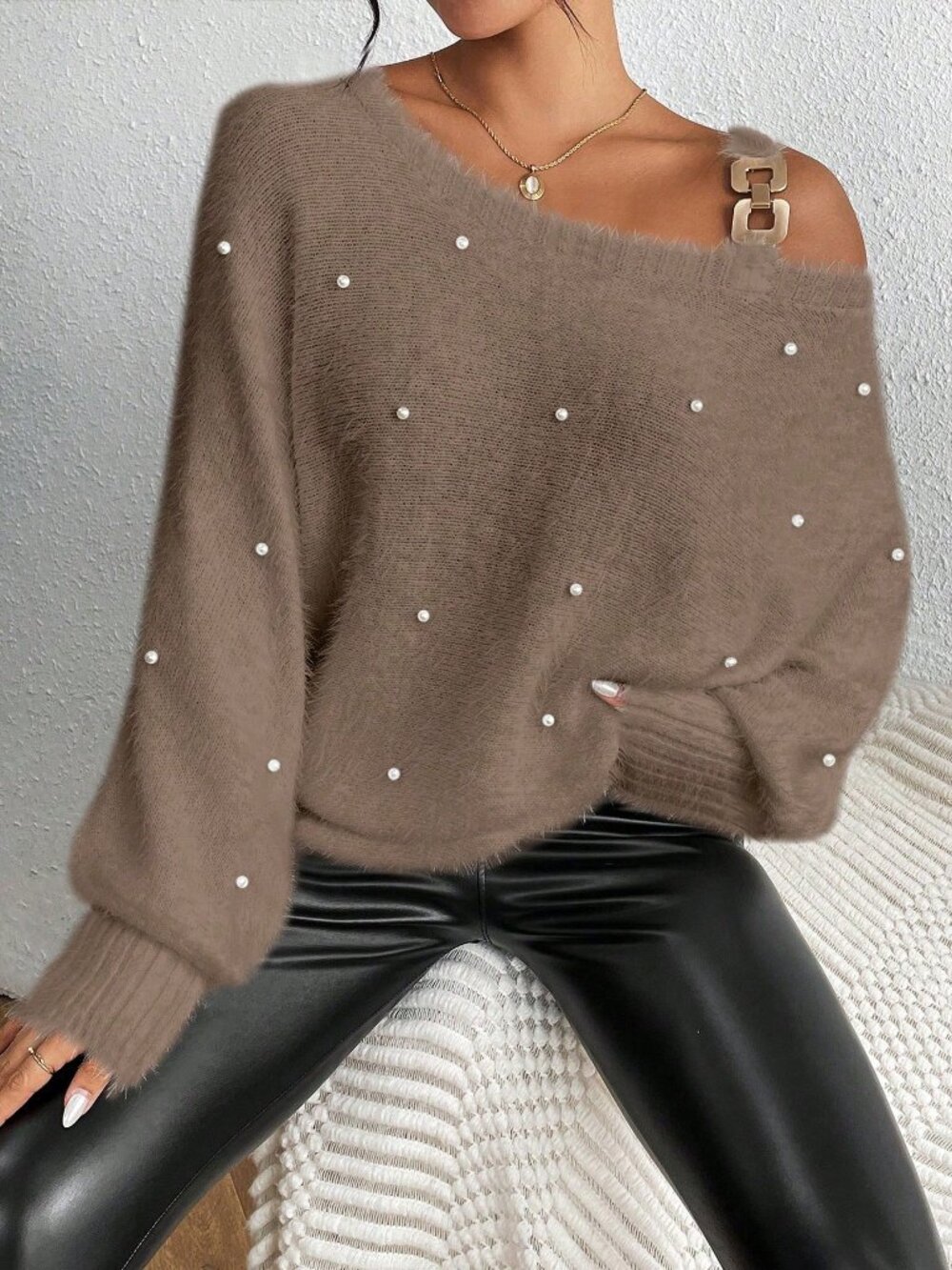 Mocha Brown Casual Women's Asymmetric Pearls Batwing Loose Knit Pullover